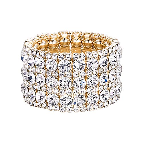 EVER FAITH Women's Austrian Crystal Round Shaped Birde 3 Layers Elastic Stretch Bracelet Clear Gold-Tone