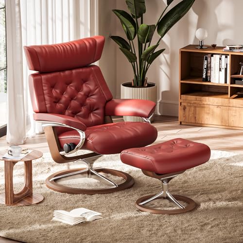OTEMEL Genuine Leather Chaise Lounge, Swivel Recliner with Ottoman, Modern Adjustable Back Chair, Heavy Duty Base Support for Living Room/Bedroom/Office, Faux Leather, Burgundy/Red - Thumbnail 2