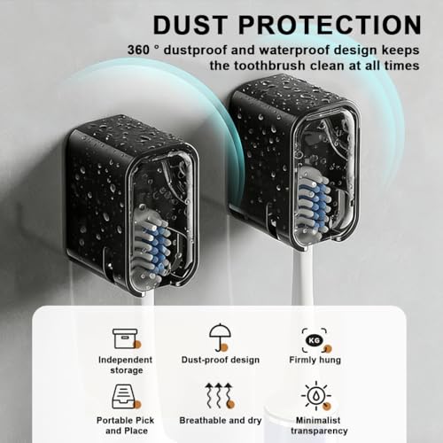Image of HASTHIP 2pcs Wall Toothbrush Holder Dustproof Toothbrush Storage Holder Self-Adhesive Modern Compact Bathroom Wall Mount Tooth Brush Drain Holder with Clear Window