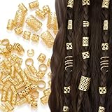 Lot de 90 Bijoux pour Dreadlocks, bijoux de cheveux dorés, bijoux réglables pour tresses, perles de cheveux à clipser, 6 styles bijoux cheveux tresses en métal, pour accessoires de dreadlocks