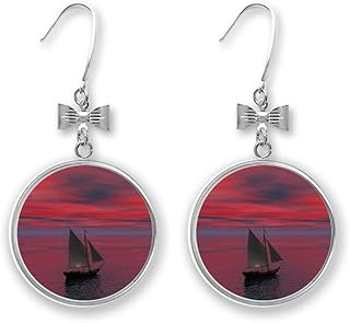 Pendientes de lazo con diseño de barco y gente, color rojo océano, Plata
