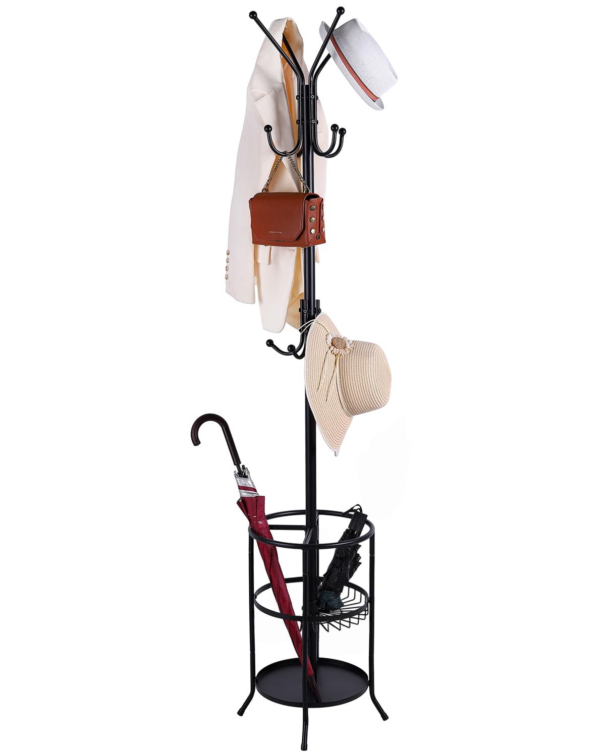 Luyi-Life Metal Coat Rack Stand with Umbrella Holder 12 Hooks for Hallway,182cm Free Standing Coat Tree Hanger Stand for Clothes, Hats, Bags, Used in Entryway, Living Room,Bedroom, Office, Black