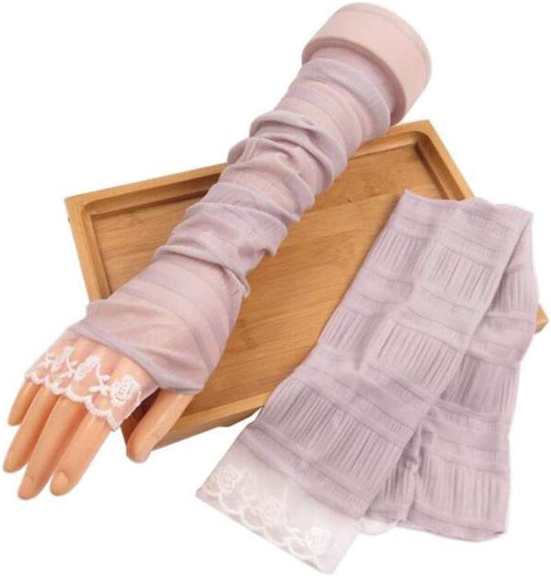 Suoirblss 2 Pairs Sunblock Arm Sleeves Fashion Lace UV Sun Protection Long Sleeve Fingerless Glove for Women's Ladies Driving Outdoor Sports (Beige)