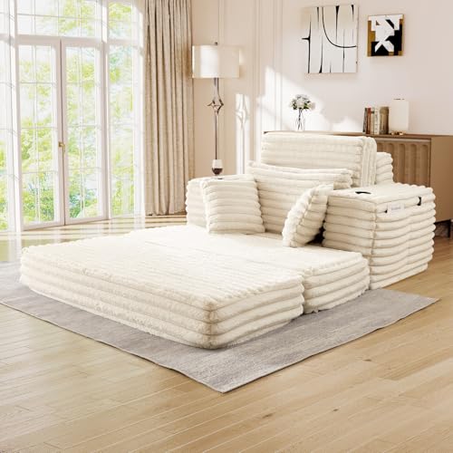 Image of 5-In-1 Oversized Chaise Lounge Chair Indoor with Ottoman,54.5 inchW Faux Fur Convertible Folding Sleeper Sofa Bed with Cup Holder&Side Pocket,Comfy Boneless Couch Sofa Chair for Living Room,Bedroom(Beige)