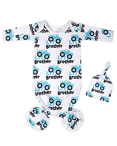 Image of Mikccer Baby Knotted Gown Newborn 0-6 Months, Breathable Soft Baby Sleeper Gowns, Babies Boy Nightgowns Coming Home Outfit Infant with Hat Set Blue Excavator