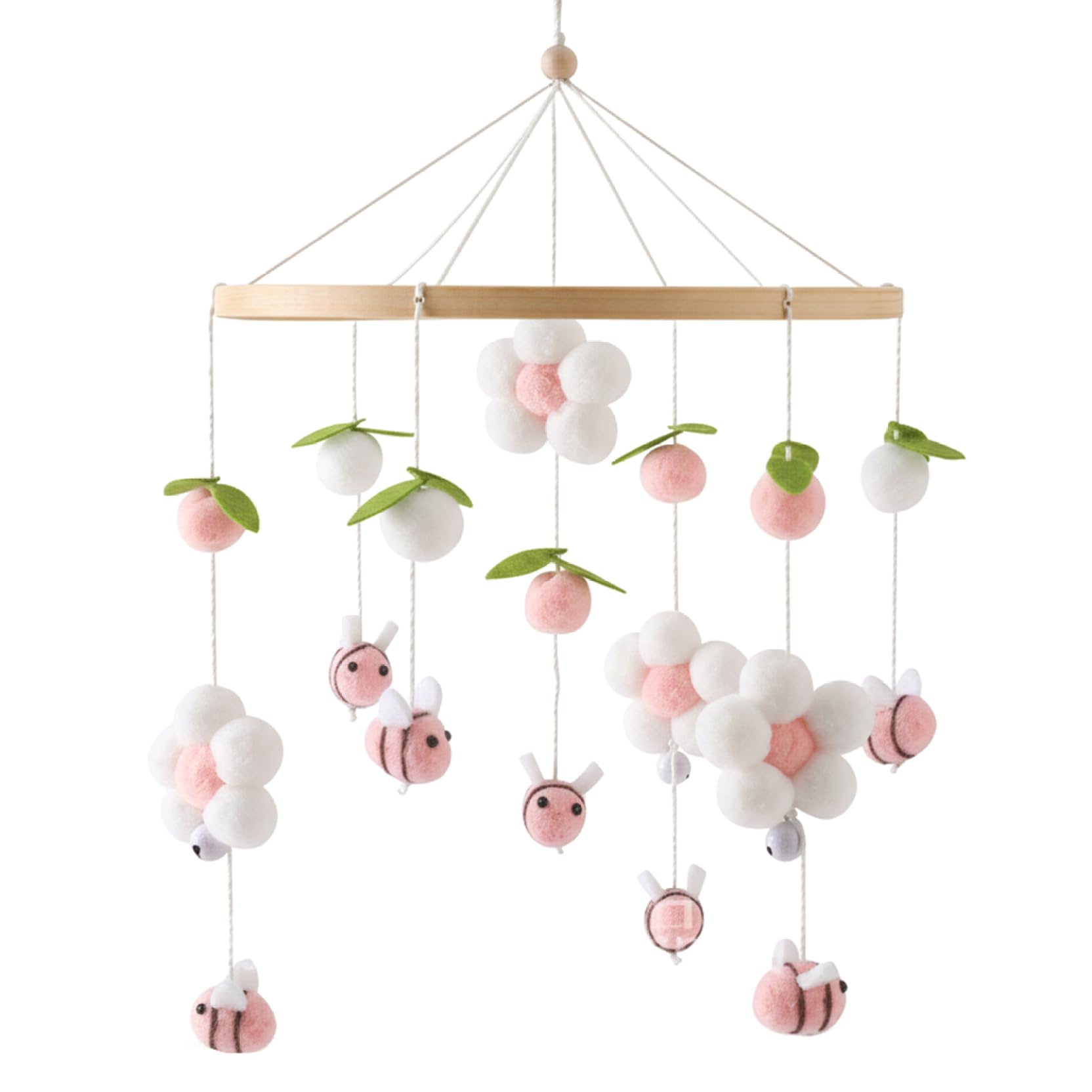 Elyebxj 16 Inch Baby Crib Mobile, Bee & Flower Nursery Mobile with Chewable Cotton Balls, Soft Hanging Toy for Cribs and Bassinets, Bassinet, Style 2