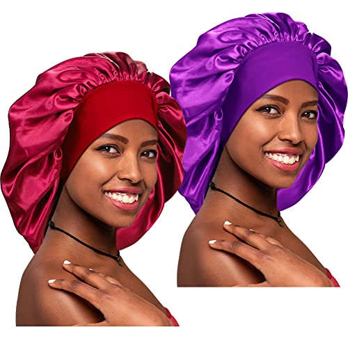 2 Pieces Extra Large Satin Bonnets, Long Hair Sleep Cap with Wide Soft Elastic Band Big Sleeping Bonnet for Women Hair Care