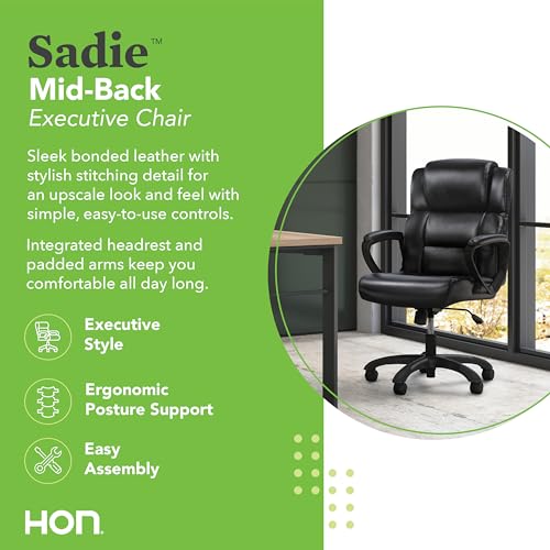 Image of HON Sadie Executive Chair, Leather Ergonomic Office Chair with Adjustable Arms and Back Support, 360 Swivel, Black