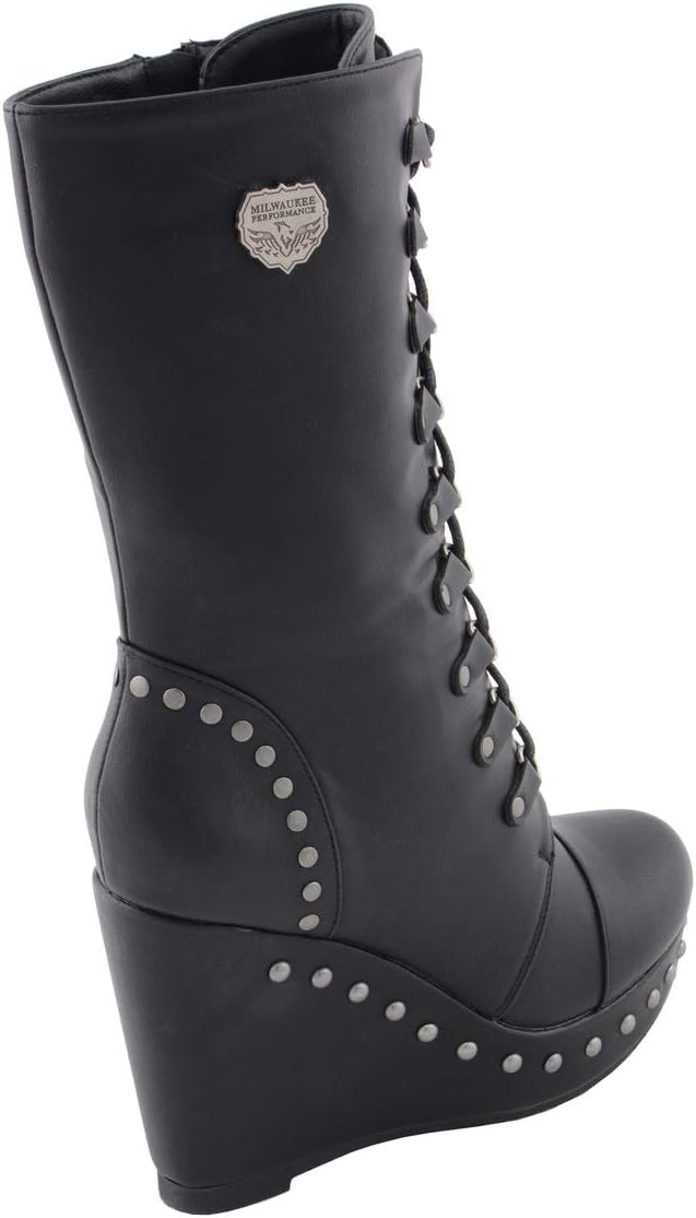 Milwaukee Leather MBL9438 Women's Black Tall Lace-Up Fashion Casual Boots with Platform Wedge