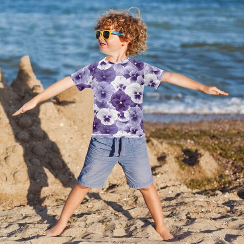 ALAZA Kids Rash Guard Girls Toddler Swim Shirts Short Sleeve Pansy Flowers White Violet UPF 50+ 3T4