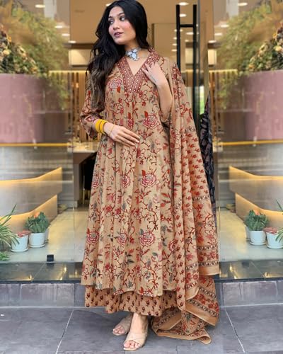 Image of GoSriKi Women's Rayon Viscose Anarkali Printed Kurta with Palazzo & Dupatta
