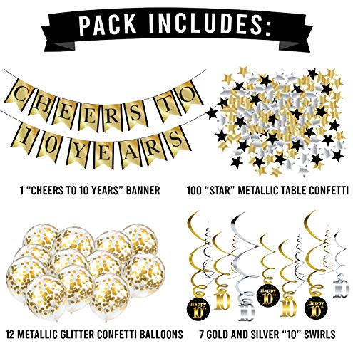 10th Birthday and Anniversary Decorations Party Pack - Cheers to 10 Years Banner, Balloons, Swirls and Confetti Party Supplies - Image 4