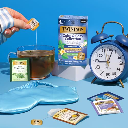 Image of Twinings Calm & Cozy Bedtime Herbal Tea Variety, 20 Count, Pack of 1 | Assorted Relaxing 4 Flavours, Naturally Caffeine-Free, Enjoy Hot or Iced, 20 Teabags