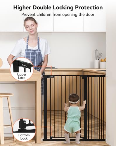 COMOMY 107 cm Extra Hoch Türschutzgitter, 75-110 cm Breit Treppenschutzgitter ohne Bohren, Türgitter für Baby, Kinder, Hund und Katze, Metall, Automatisches Schließen, 90°Stop (Schwarz)