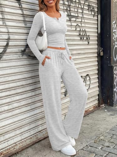 Trendy Queen Women's 2 Piece Matching Lounge Sets Long Sleeve Henley Neck Slightly Crop Top Wide Leg Pants Casual Sweat Suit - Image 6