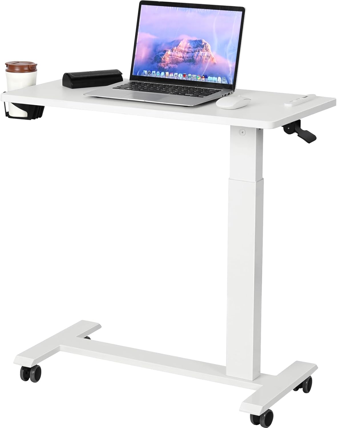 Snughome Overbed Table with Wheels Adjustable Height, Hospital Bed Table with USB Charging Station, Adjustable Bedside Table Pneumatic Mobile Laptop Standing Desk, Rolling Table for Couch, Sofa(White)