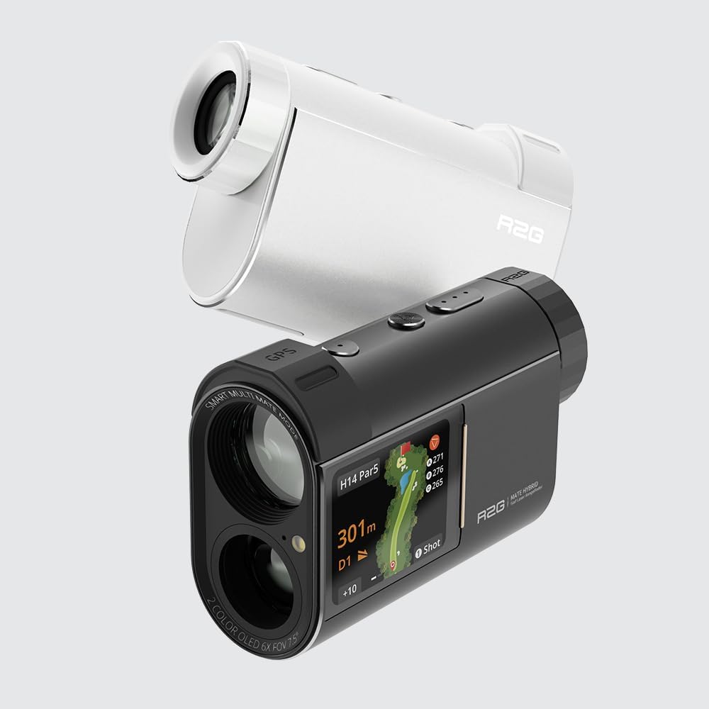Two R2G MATE HYBRID units, one white and one black, showing the GPS module on top