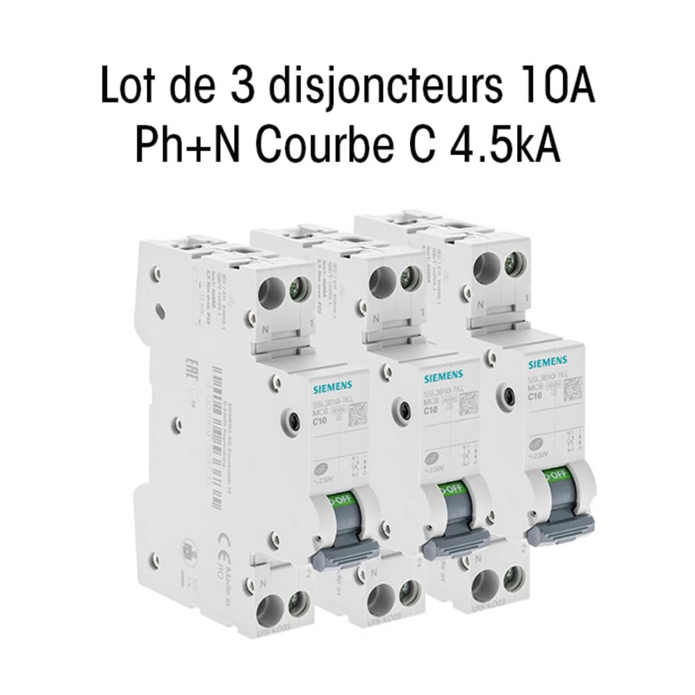 LOT 3 disjoncteurs modulaire 230V, 4,5kA, 1+N POLES, COURBE C, 10A