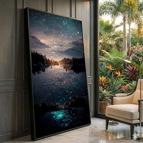 Toile paysage forestier et lac étoilé 50x90 cm pour déco murale salon