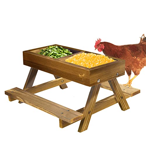 Chicken Picnic Table Feeder, Chicken Feeder No Waste Carbonization Wooden, Lovely Chicken Feeder, 15.7" L X 14.9" W X 8.6" H, Duck Feeder No Mess, Easy to Clean and Fill