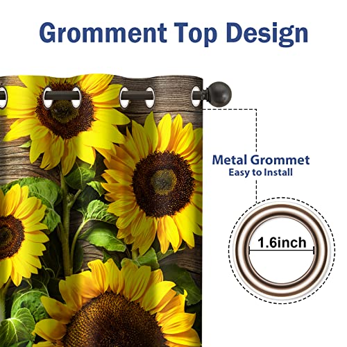 Jekeno Sunflower Floral Blackout Curtains Spring Flower on Rustic Wood Country Wooden Decor for Home Bedroom Living Room Darkening Grommet Window Drapes 2 Panel Set, 42"x63"