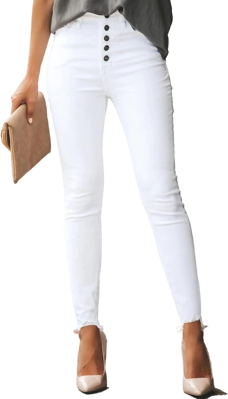 Allimy Women's High Rise Skinny Stretch Button Ripped Jeans High Waisted Destroyed Denim Pants - Image 2