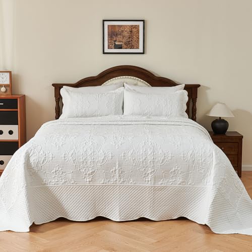 Image of EVENHUG Oversized King Bedspreads California King Quilt Set with Pillow Shams Extra Wide Large King Size Quilts Lightweight Coverlet Bedding Sets White 120 inchx128 inch