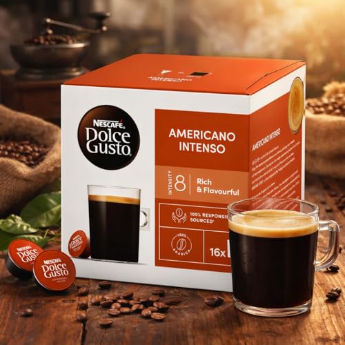 Image of NESCAFE Dolce Gusto Americano Intenso Coffee Capsules - 16 Pods (160g) Box - Premium Arabica Roast & Ground Coffee, Powerful & Full-Bodied Flavor, Intensity 8, Compatible with Dolce Gusto Machines, By Cougar - (IMPORTED-UK)