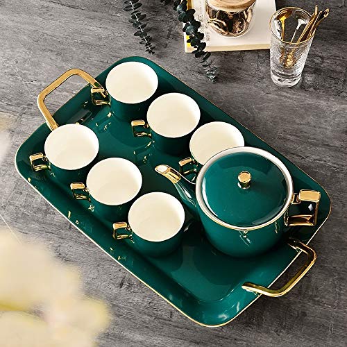 NJBYX Juego de té de café de cerámica Nórdico Dibujo Oro Verde Cafetera Taza Jarra de leche Azúcar Bandeja Set de té de… - Imagen 5