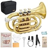 Kmise Bb Portable Pocket Trumpet, Premium Brass Mini Trumpets for Students Beginners, Trumpet Instrument Set with Sturdy Case, 7C Mouthpiece, Beginner's Guide Kit, and Cleaning Kit (Gold Lacquer)