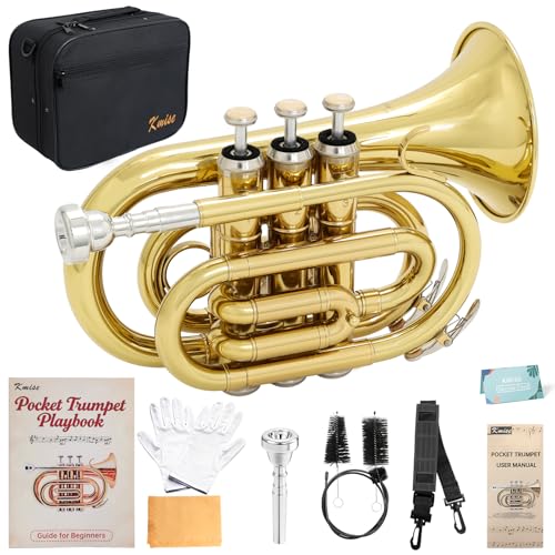 Kmise Bb Portable Pocket Trumpet, Premium Brass Mini Trumpets for Students Beginners, Trumpet Instrument Set...