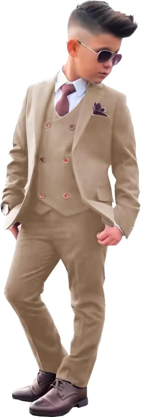 Suit for Boys Tuxedo 3 Piece Boys' Fashion Uniform Vest Blazer Pants Double Breasted Birthday Party Wedding Dinner Dress Light Brown