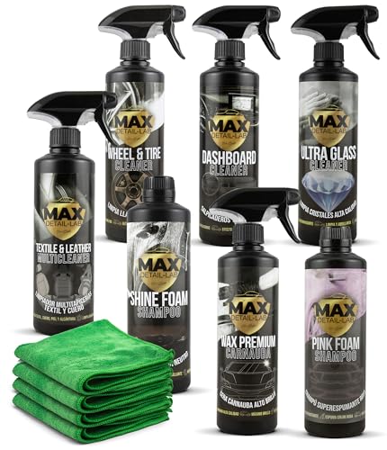 MAX DETAIL-LAB - Detailing Pack - Kit Limpieza Coche Accesorios Incluidos, Productos Limpieza Exterior e Interior, Limpia Llantas, Champu, Cera Líquida, Tapicerias, Salpicaderos, Limpiacristales