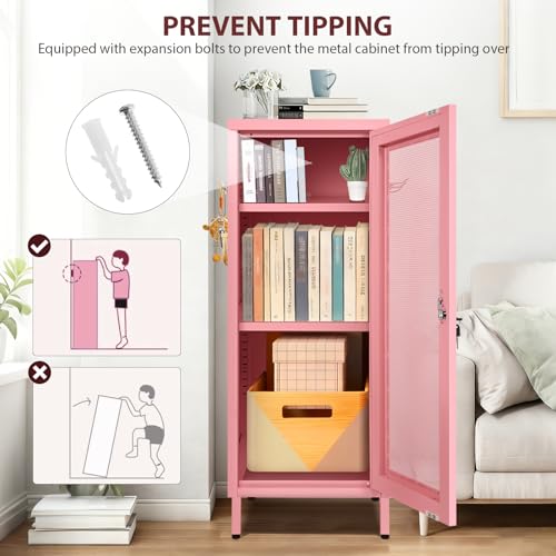 Metal Storage Cabinet, 39.37\" H Small Pink Metal Locker Cabinets with Lockable Mesh Door and Handle, 2 Adjustable Shelves, 2 Pegboards & 6 Hooks for Home, Office, Bedroom, Kitchen, Assembly Required