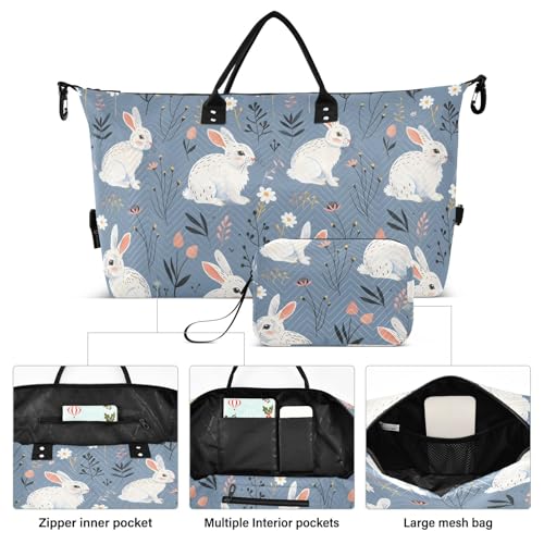 Large Travel Duffel Bag Sports Tote Gym Bag Overnight Weekender Bags Rabbit Flower Gray Carry On Luggage with Toiletry Bags2