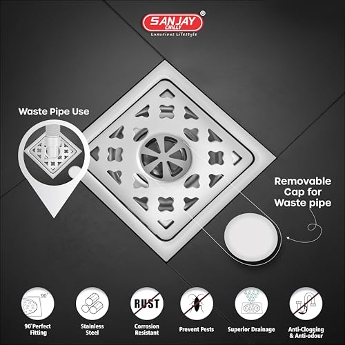 Image of Stainless Steel Floor Drain Cockroach Trap 4x4 INCH with Hole for Bathroom | Waste Water Drainer in Luxurious Bathroom Gratings Hair Catcher (101 mm Square Star Silver)
