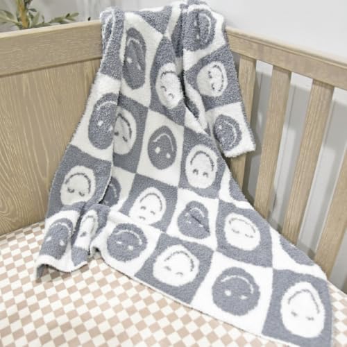 Image of L+L USA Checkered Smiley Face Baby Blanket 28 inchx40 inch - DreamSoft Knit Throw for Crib, Stroller or Car Seat Blanket /Newborn Nursery Gift Essential for Toddler, Infant, Kids, Boys & Girls (Gray /White)