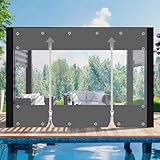 Strapazierfähige wasserdichte PVC-Plane mit Doppelreißverschluss – 420 g/m² Reißfest, Winddicht, UV-beständig, Durchsichtige Plane mit Ösen für Außenbereich, Terrasse, Veranda, Garten, Pavillon (Grau