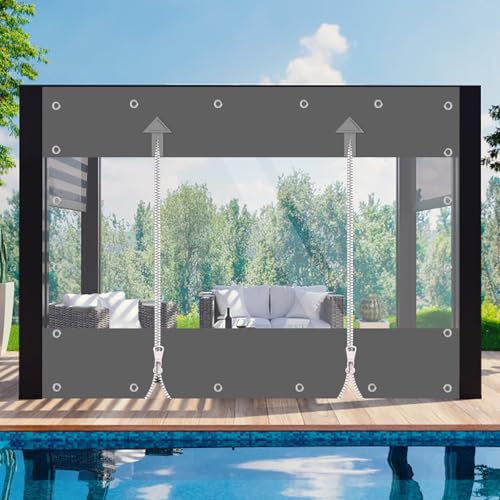 Strapazierfähige wasserdichte PVC-Plane mit Doppelreißverschluss – 420 g/m² Reißfest, Winddicht, UV-beständig, Durchsichtige Plane mit Ösen für Außenbereich, Terrasse, Veranda, Garten, Pavillon (Grau