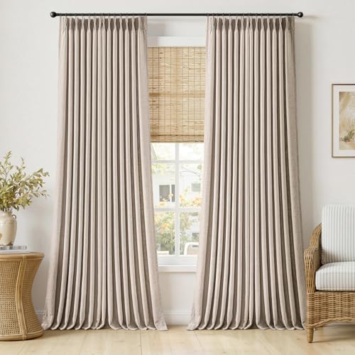 MIULEE Pinch Pleated Thick Linen Curtains 102 Inches Long 2 Panels for Living Room Bedroom, Pinch Pleat Drapes Back Tab Memory Trained Rustic Farmhouse Window Curtains with Hooks&Rings, Taupe