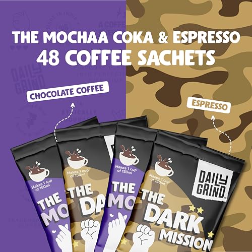 Image of DAILYGRIND Espresso & Chocolate Instant Coffee Sachets 2 g Each - Pack of 48 | Freeze-Dried Arabica Coffee Granules with Jar | For Mochas, Espresso, Cappuccino, Latte, Frappes | Hot & Cold Coffee 96 g