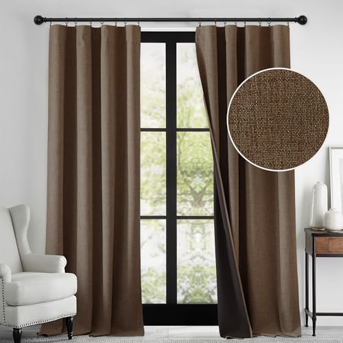 RYB HOME Brown 100% Blackout Curtains 84 inches Long Thermal Insulating Privacy Energy Saving Linen Curtains for Bedroom Living Room Window Office Theater Dining Nursery W52 x L84 2 Panels
