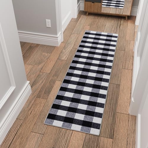 Ottomanson Buffalo Plaid 2x8 Hallway Runner Rug, Rubber Backed Kitchen Rugs