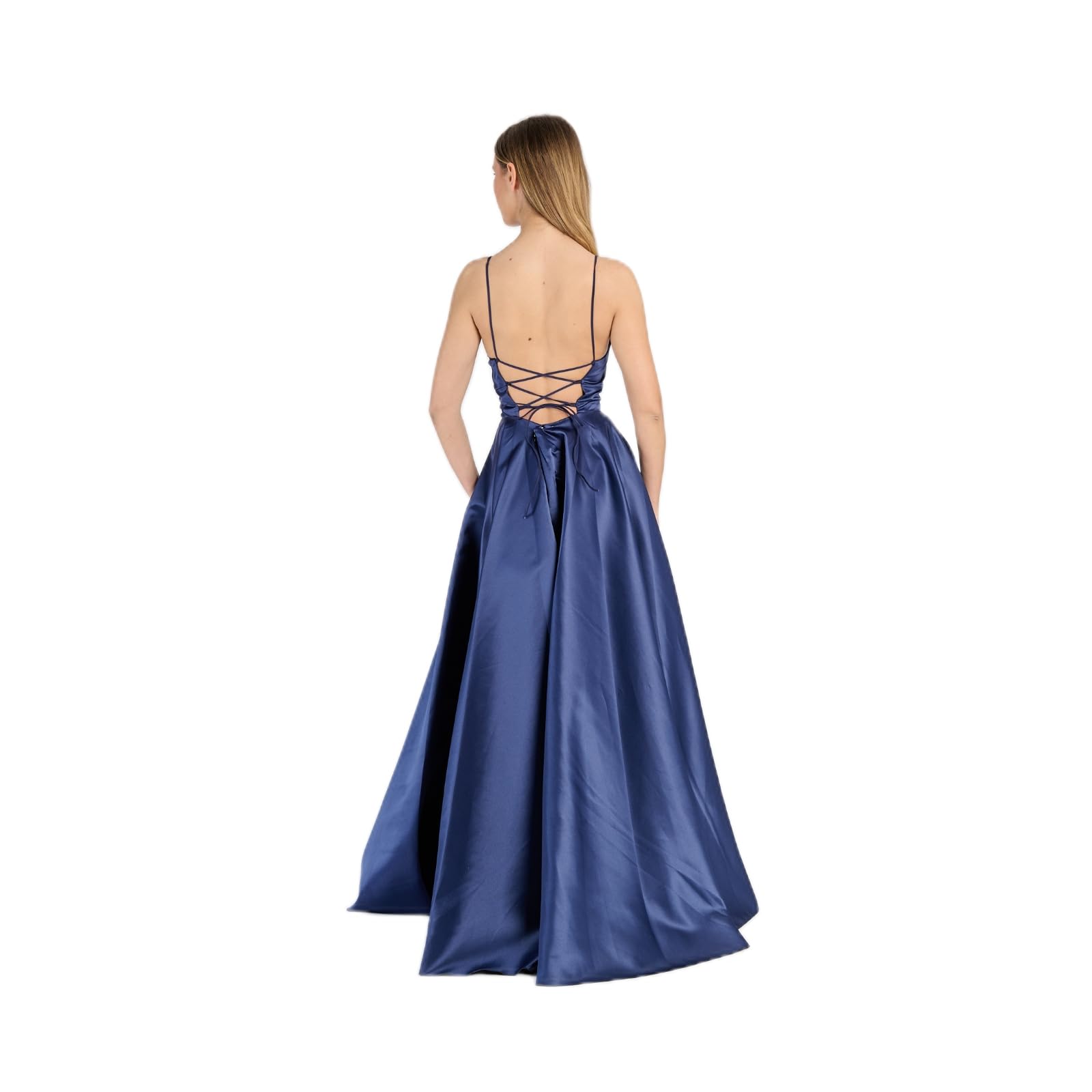 Abito Lungo Elegante Donna in Raso – Spalline Sottili, Schiena Scoperta con Allacciatura, Linea Ampia Fluida – Vestito da Cerimonia, Festa, Evento Formale