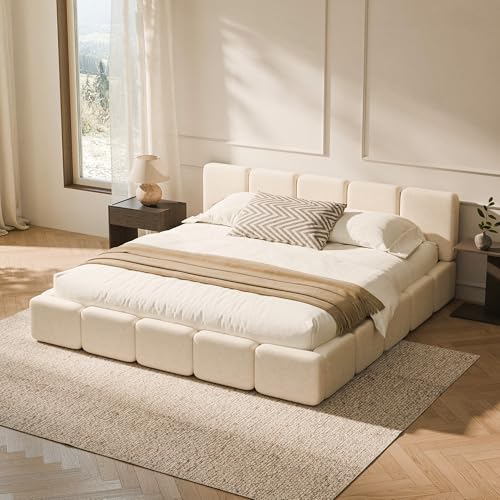 Image of RECCI Cloud King Upholstered Platform Bed Frame, Low Profile Grounded Design with Plush Headboard & Footboard, Wood Slat Support, Noise-Free, No Box Spring Required, Beige
