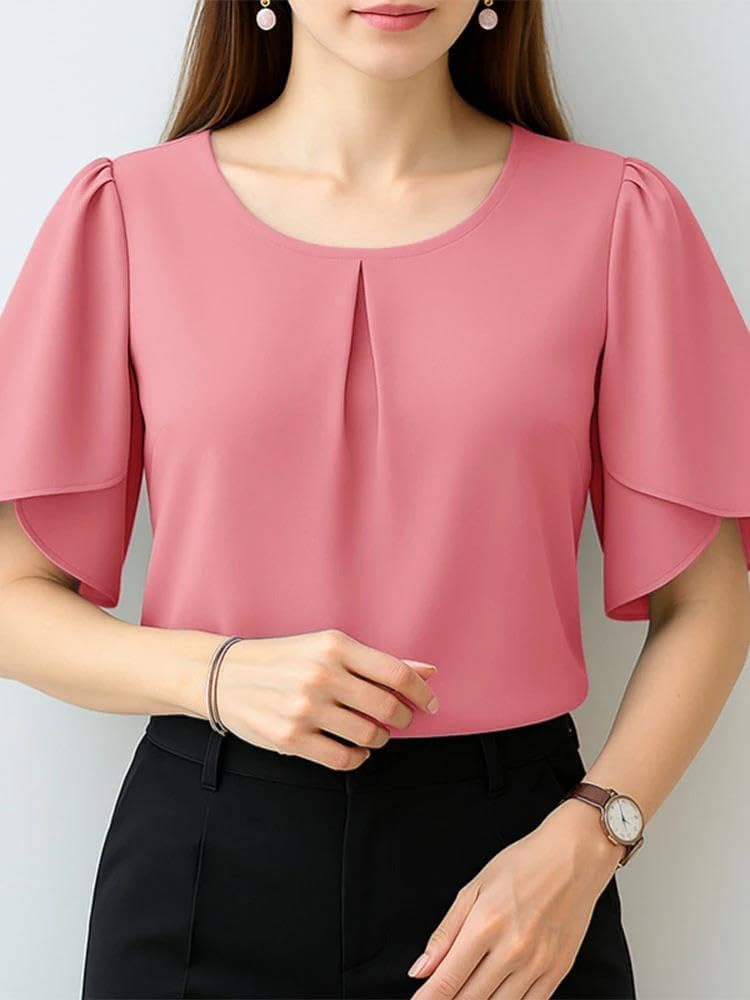 Women’s Elegant Office Blouse Summer Solid Color O Neck Short Petal Sleeve Work Shirt