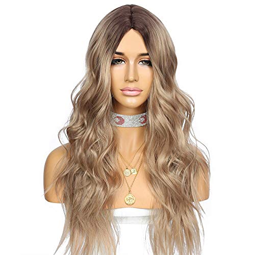 Wigoddess No Lace Wig Long Big wave Wig With Bangs, Simulated Scalp Wig, Daily Makeup Party Wig Perruque Heat Resistant Hair Natural White Simulated Scalp Machine No-Lace Daily Wigs For Women (No Lace Wig, Z-825)