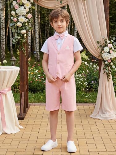 Image of Summer Boys Suit Dress Clothes Kids Wedding Ring Bearer Outfit 4Pcs Shirt Vest Shorts Set