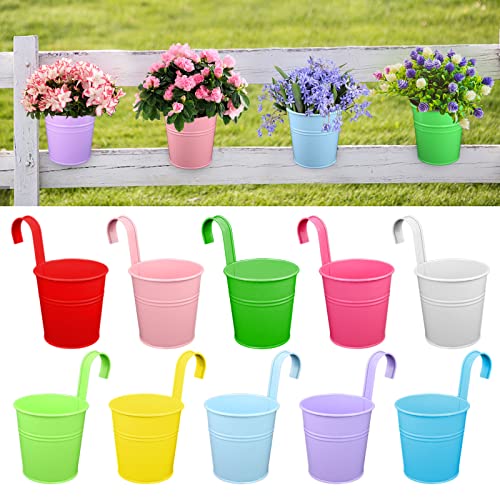 4 Inch Metal Iron Hanging Flower Plant Pots,10 Pack Colorful Balcony Garden Planters With Hanging Fence Plant Planter With Detachable Hook (Colorful) #TOP30