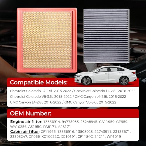 Image of 94775933 Engine & Cabin Air Filter Set Compatible with 2015-2022 Chevrolet Colorado L4 V6 GMC Canyon Replaces 13356914 23248945 CA11959 CF11966 A3195C Intake Ventilation Part